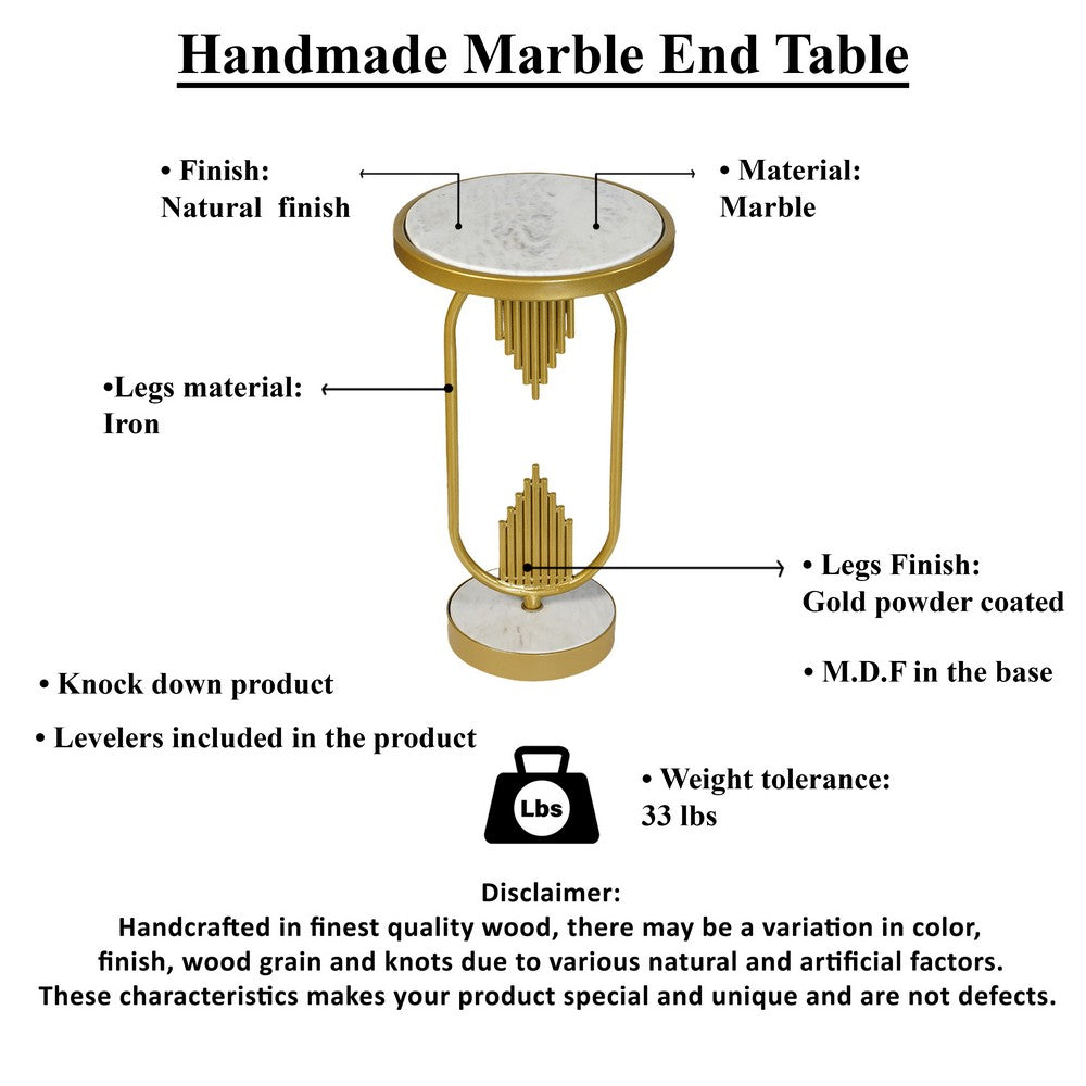 Soho Side End Table with Round Marble Top, Gold Oblong Frame, 21-Inch Height