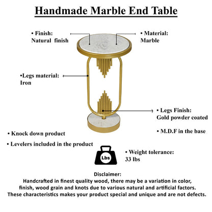 Soho Side End Table with Round Marble Top, Gold Oblong Frame, 21-Inch Height