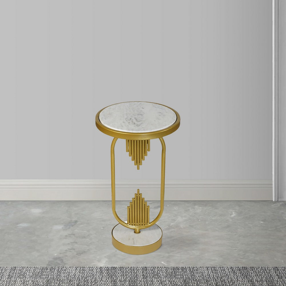 Soho Side End Table with Round Marble Top, Gold Oblong Frame, 21-Inch Height