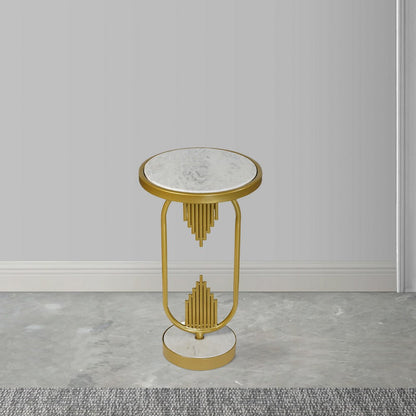 Soho Side End Table with Round Marble Top, Gold Oblong Frame, 21-Inch Height