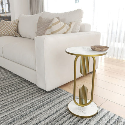 Soho Side End Table with Round Marble Top, Gold Oblong Frame, 21-Inch Height