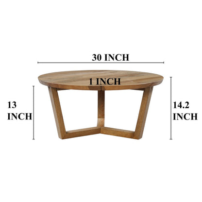 Nina 30 inch Round Mango Wood Coffee Table - Handcrafted Natural Brown, Sturdy 3-Leg Sled Base