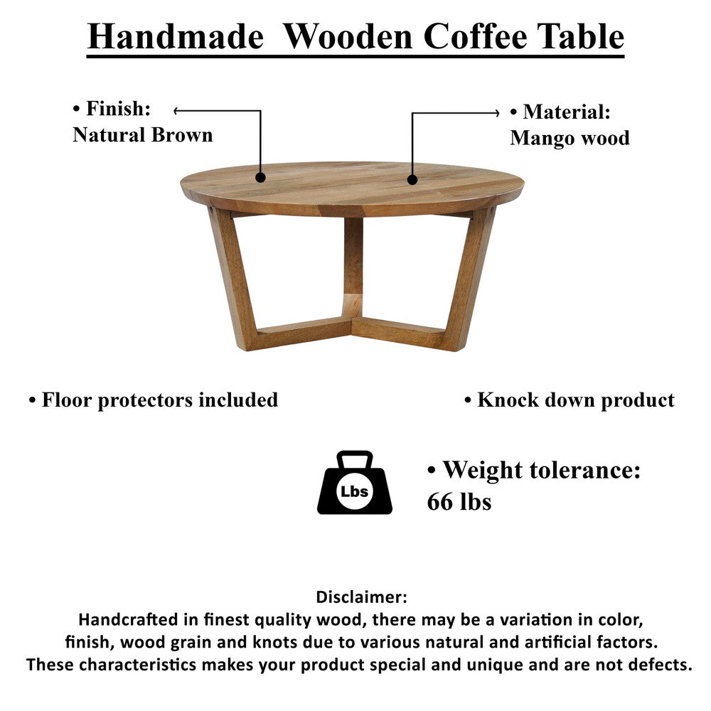 Nina 30 inch Round Mango Wood Coffee Table - Handcrafted Natural Brown, Sturdy 3-Leg Sled Base