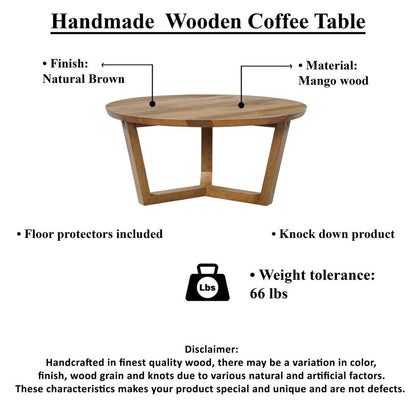 Nina 30 inch Round Mango Wood Coffee Table - Handcrafted Natural Brown, Sturdy 3-Leg Sled Base