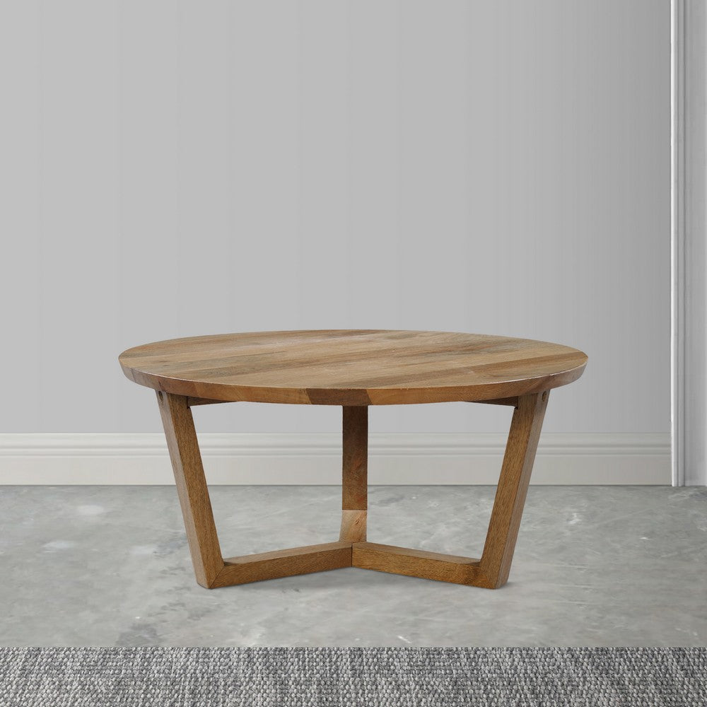 Nina 30 inch Round Mango Wood Coffee Table - Handcrafted Natural Brown, Sturdy 3-Leg Sled Base
