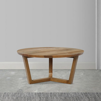 Nina 30 inch Round Mango Wood Coffee Table - Handcrafted Natural Brown, Sturdy 3-Leg Sled Base
