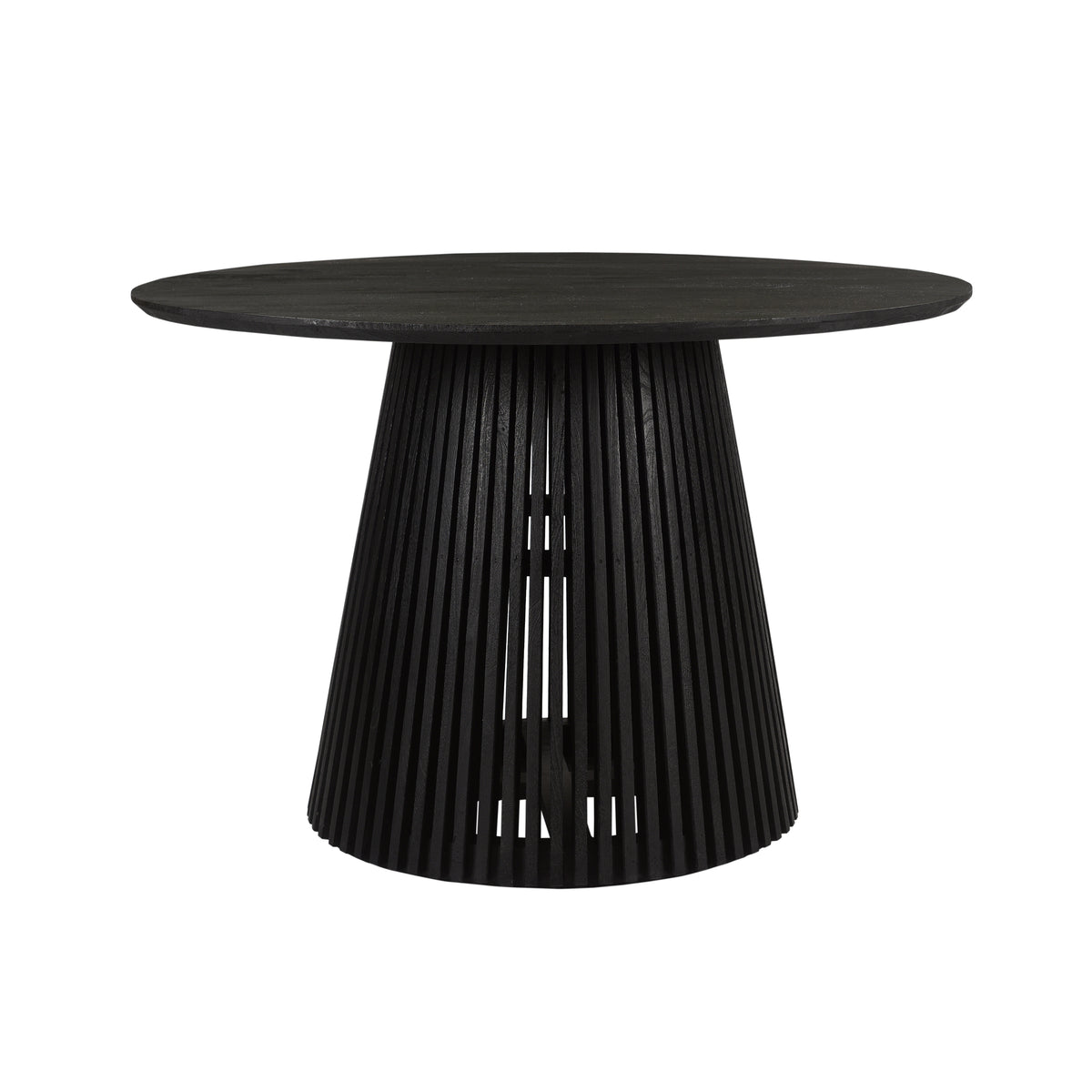 Ridge 47 Inch Handcrafted Mango Wood Round Dining Table, Slatted Flared Base, Black — Chic Home-Decor