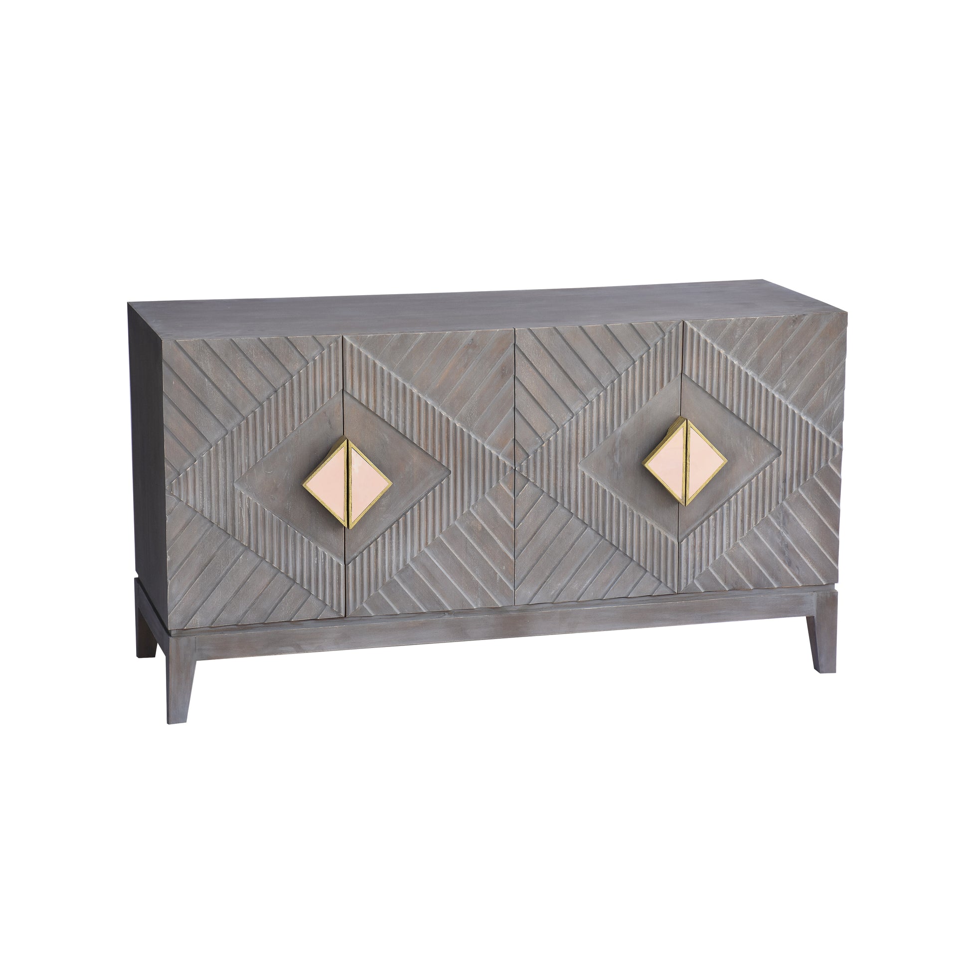 Abiel 55 Inch Mango Wood Sideboard Buffet Cabinet Console, 4 Doors, Inner Shelf, Ornate Diamond Carving, Gray — Chic Home-Decor