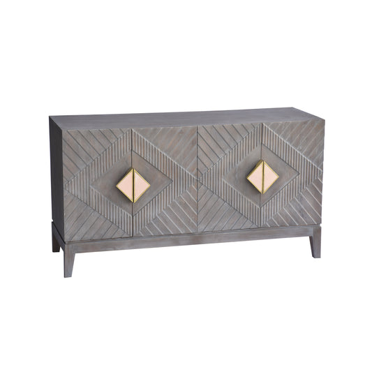 Abiel 55 Inch Mango Wood Sideboard Buffet Cabinet Console, 4 Doors, Inner Shelf, Ornate Diamond Carving, Gray — Chic Home-Decor