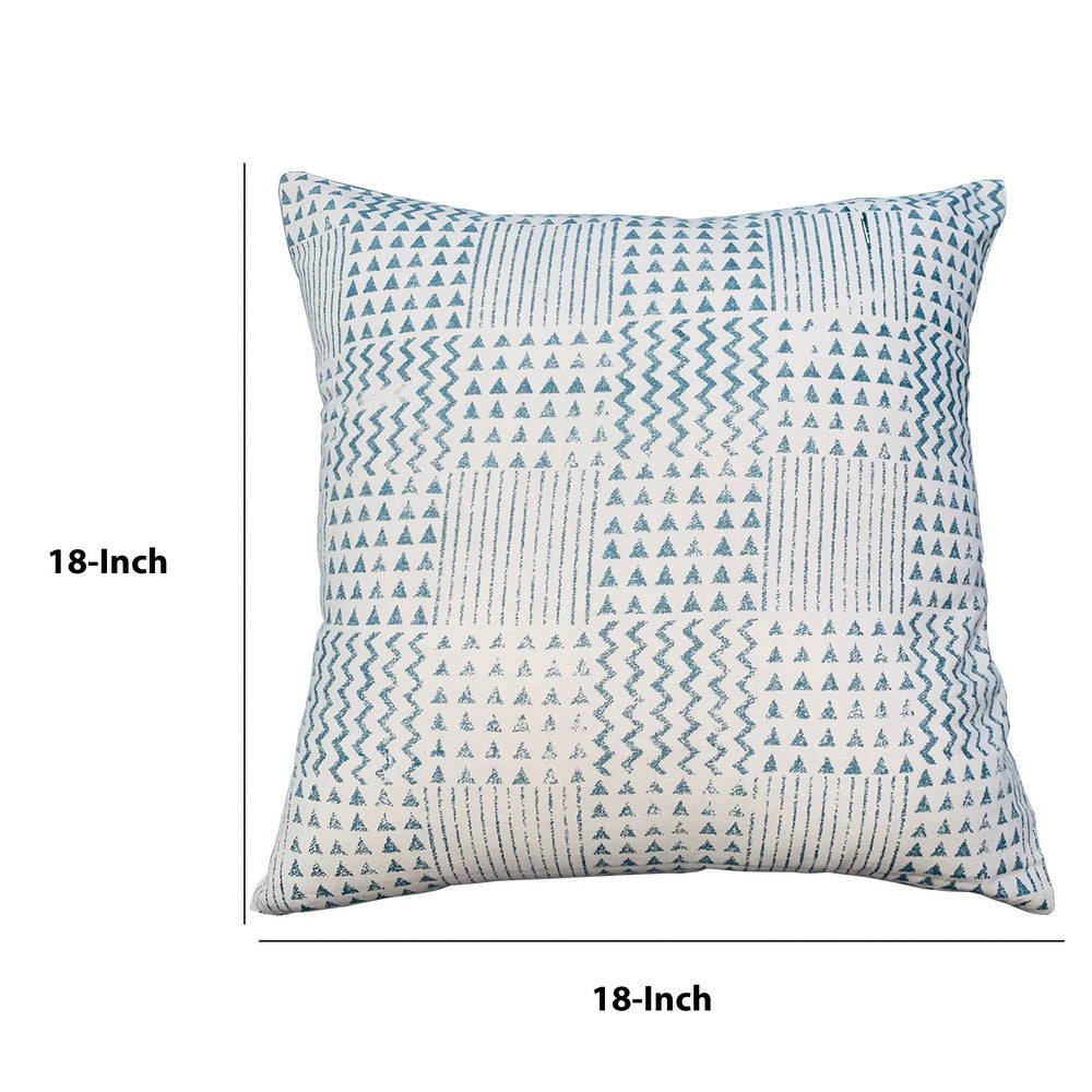 18 x 18 Handcrafted Square Cotton Accent Throw Pillows, Aztec Minimalistic Print, Set of 2, Blue, White