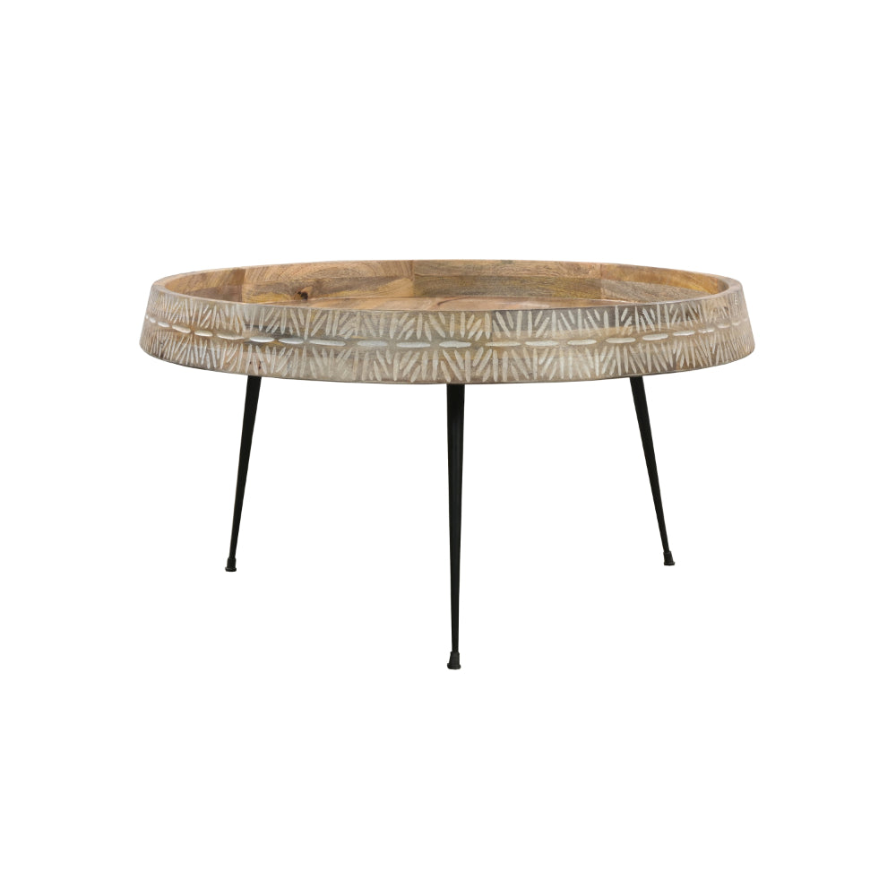 Gia 29 Inch Modern Handcrafted Round Coffee Table, Natural Brown Wood Top with Carved Edge, Black Iron Legs