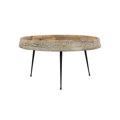 Gia 29 Inch Modern Handcrafted Round Coffee Table, Natural Brown Wood Top with Carved Edge, Black Iron Legs