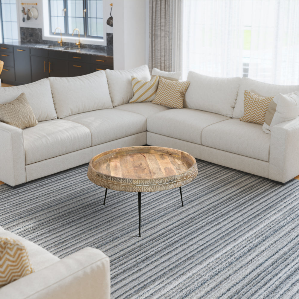 Gia 29 Inch Modern Handcrafted Round Coffee Table, Natural Brown Wood Top with Carved Edge, Black Iron Legs
