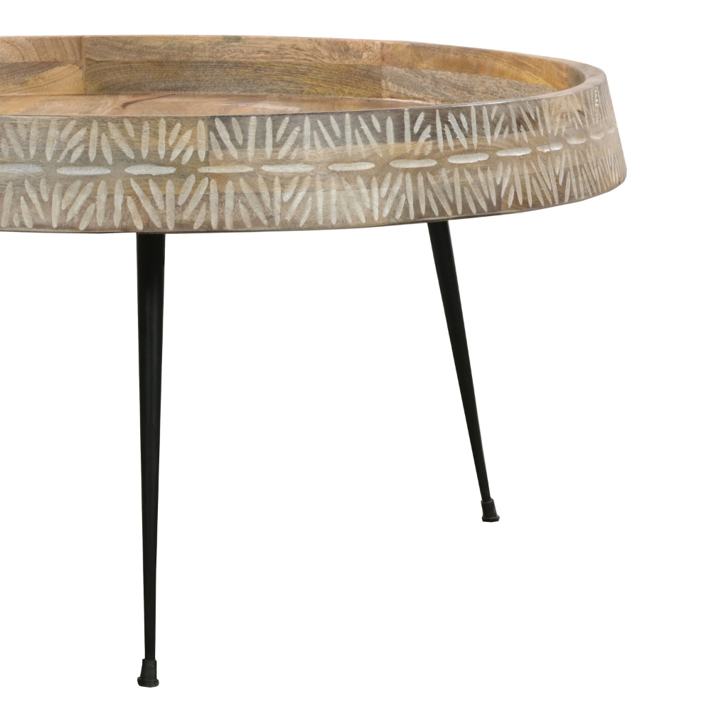 Gia 29 Inch Modern Handcrafted Round Coffee Table, Natural Brown Wood Top with Carved Edge, Black Iron Legs