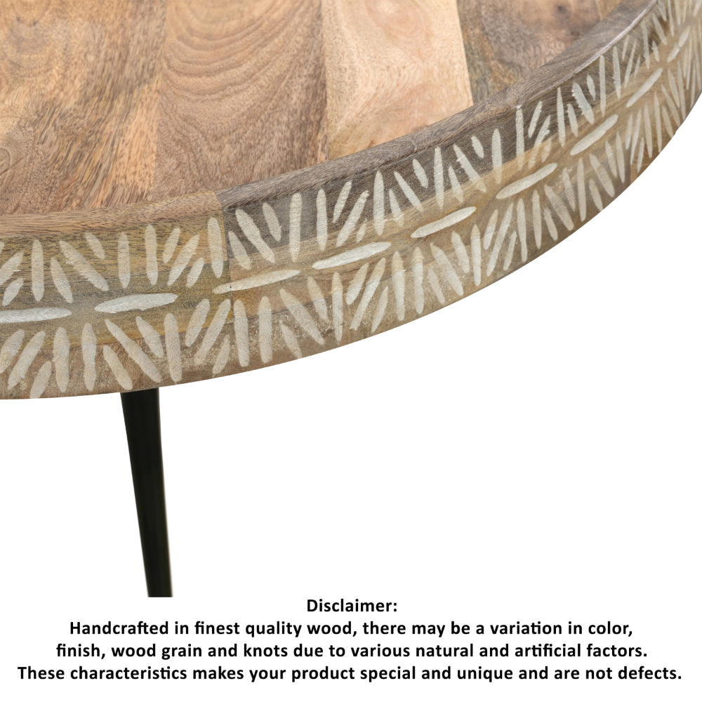 Gia 29 Inch Modern Handcrafted Round Coffee Table, Natural Brown Wood Top with Carved Edge, Black Iron Legs