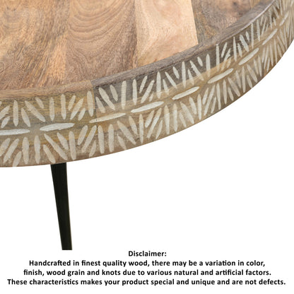 Gia 29 Inch Modern Handcrafted Round Coffee Table, Natural Brown Wood Top with Carved Edge, Black Iron Legs