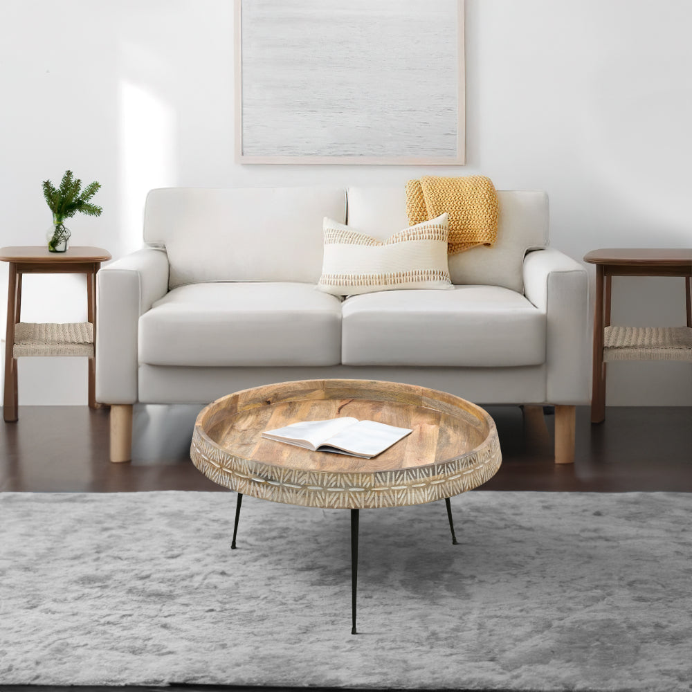 Gia 29 Inch Modern Handcrafted Round Coffee Table, Natural Brown Wood Top with Carved Edge, Black Iron Legs