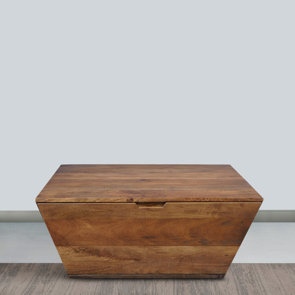 36 Inch Handcrafted Modern Farmhouse Coffee Table, Geometric Angled Square, 1 Drawer, Walnut Mango Wood