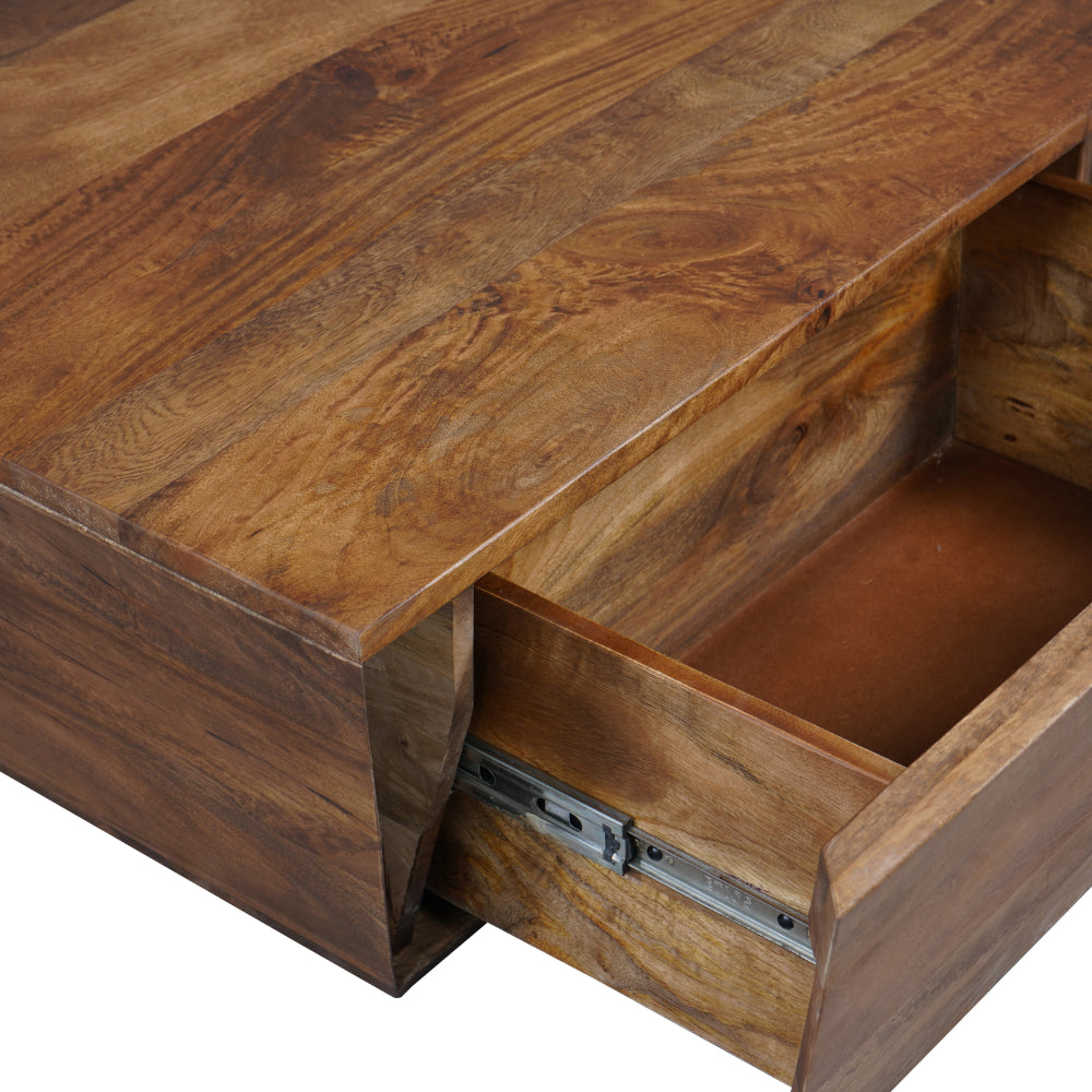 36 Inch Handcrafted Modern Farmhouse Coffee Table, Geometric Angled Square, 1 Drawer, Walnut Mango Wood