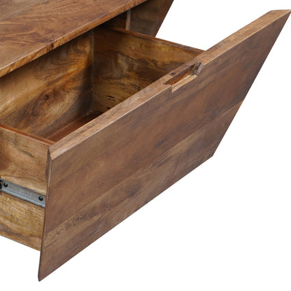 36 Inch Handcrafted Modern Farmhouse Coffee Table, Geometric Angled Square, 1 Drawer, Walnut Mango Wood
