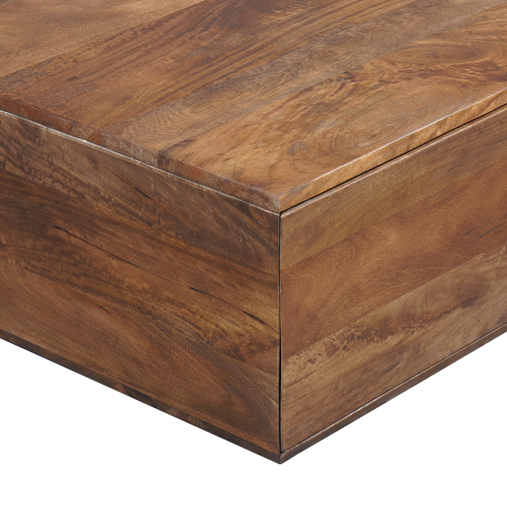 36 Inch Handcrafted Modern Farmhouse Coffee Table, Geometric Angled Square, 1 Drawer, Walnut Mango Wood