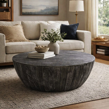 Arthur 36 Inch Farmhouse Style Handcrafted Mango Wood Coffee Table, Round Drum Shape, Sandblasted Black