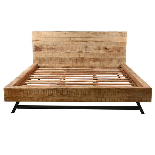 Bree Modern Rustic King Size Platform Bed, Brown Acacia & Mango Wood Frame, Angled Black Iron Legs — Chic Home-Decor