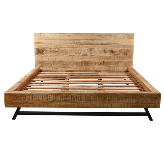 Bree Modern Rustic Queen Size Platform Bed, Brown Acacia & Mango Wood Frame, Black Iron Angled Legs — Chic Home-Decor