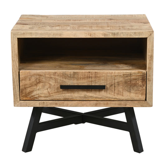 Bree 22 Inch Modern Rustic Single Drawer Nightstand, Brown Mango Wood Frame, Black Iron Angled Legs — Chic Home-Decor