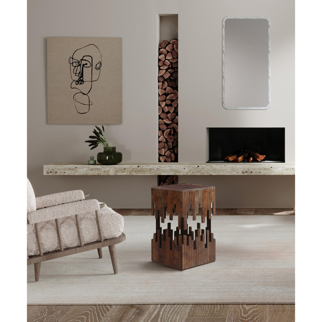 24 Inch Accent Side End Table, Brown Acacia Wood, Slatted Square Top, Handcrafted Abstract Silhouette, Black Iron