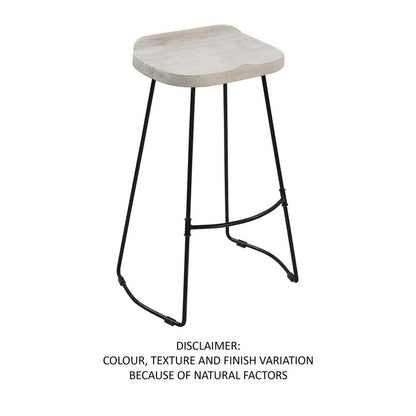 Tiva 30 Inch Handcrafted Backless Barstool, Whitewashed Mango Wood Saddle Seat, Black Metal Base