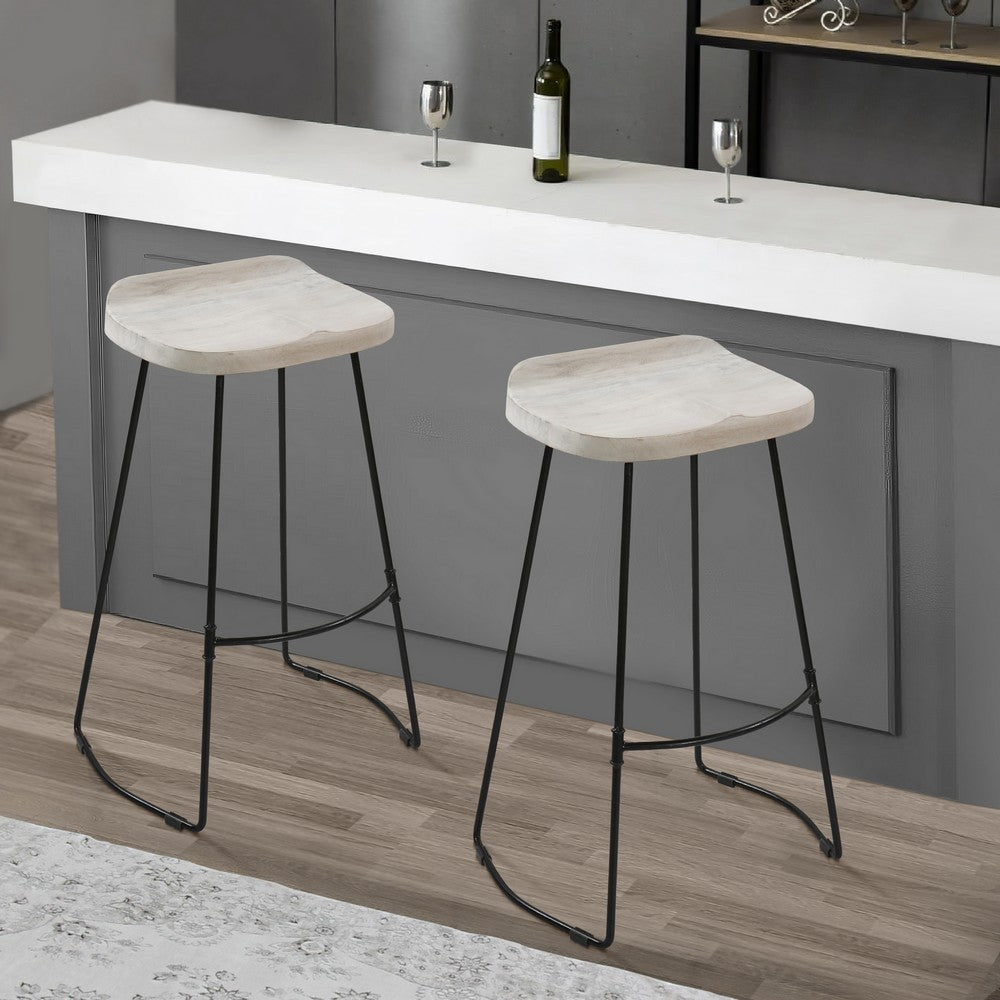 Tiva 30 Inch Handcrafted Backless Barstool, Whitewashed Mango Wood Saddle Seat, Black Metal Base