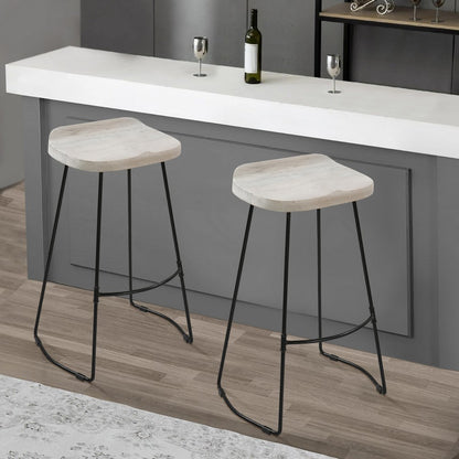 Tiva 30 Inch Handcrafted Backless Barstool, Whitewashed Mango Wood Saddle Seat, Black Metal Base