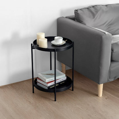 Vica 15 Inch Modern Side End Table, Metal Round Tray Top, Foldable Legs, Black