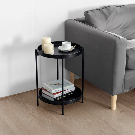 Vica 15 Inch Modern Side End Table, Metal Round Tray Top, Foldable Legs, Black