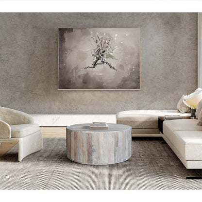 36 Inch Coffee Table, Handcrafted Drum Shape, Washed White Mango Wood