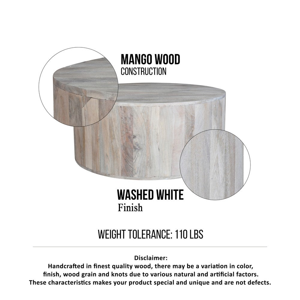 36 Inch Coffee Table, Handcrafted Drum Shape, Washed White Mango Wood