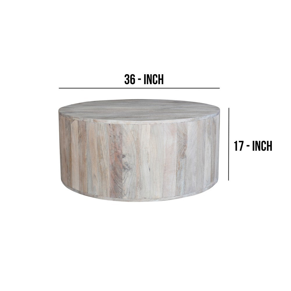 36 Inch Coffee Table, Handcrafted Drum Shape, Washed White Mango Wood
