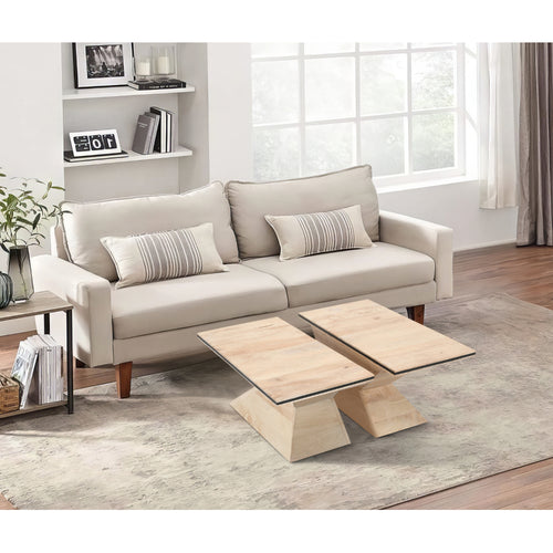 34 Inch Coffee Table, Handcrafted 2 Piece Split Design with Hourglass Base, White Washed Natural Mango Wood
