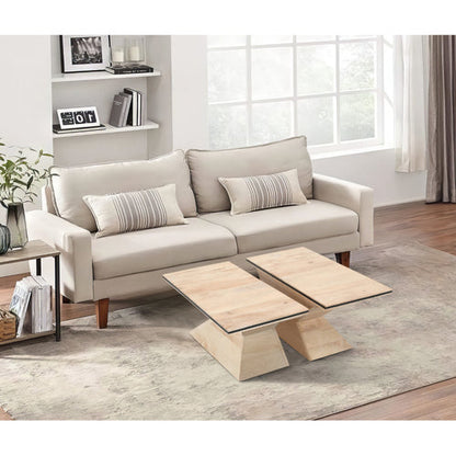 34 Inch Coffee Table, Handcrafted 2 Piece Split Design with Hourglass Base, White Washed Natural Mango Wood