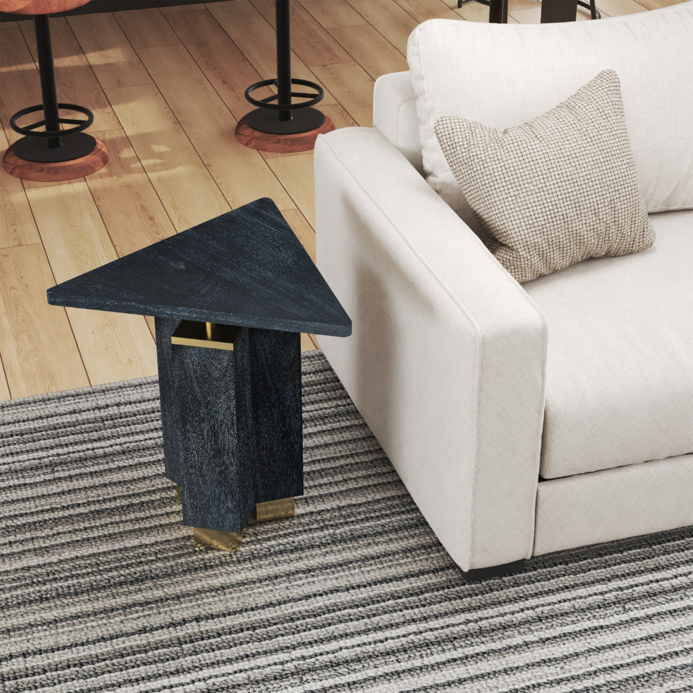 Andes Modern Triangular End Table - Handcrafted with Gold Brass Trim and Sandblasted Black Finish, 20 Inch