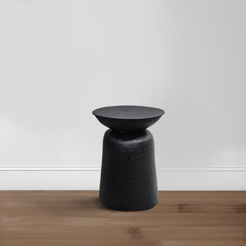 Josi 21 Inch Round Side End Table, Handcrafted Hammered Design, Drum Pedestal Aluminum Base, Matte Black