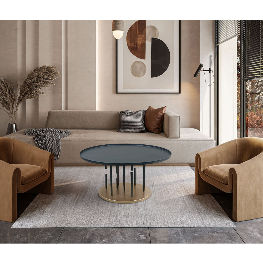 Neci 31 Inch Coffee Table, Round Matte Black Tray Top, Modern Rod Supports with Brass Base
