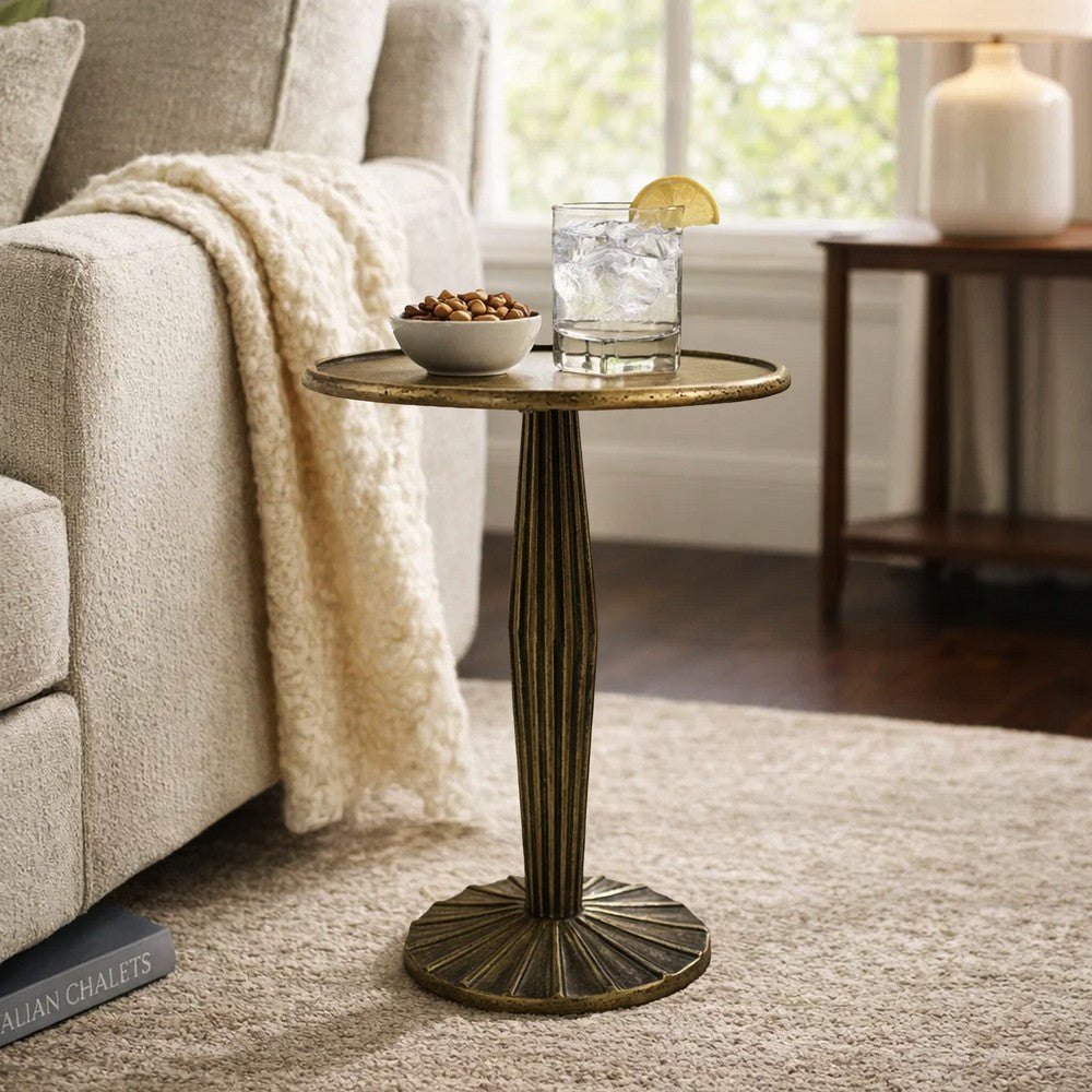 17 Inch Side End Drink Table, Fancy Fluted Base, Round Top, Antique Brass