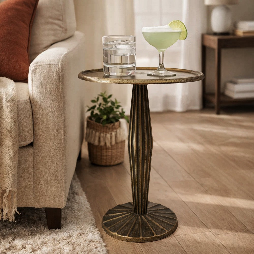 17 Inch Side End Drink Table, Fancy Fluted Base, Round Top, Antique Brass