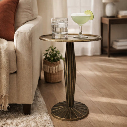 17 Inch Side End Drink Table, Fancy Fluted Base, Round Top, Antique Brass