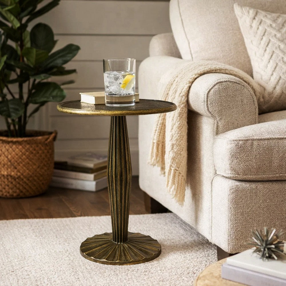 17 Inch Side End Drink Table, Fancy Fluted Base, Round Top, Antique Brass