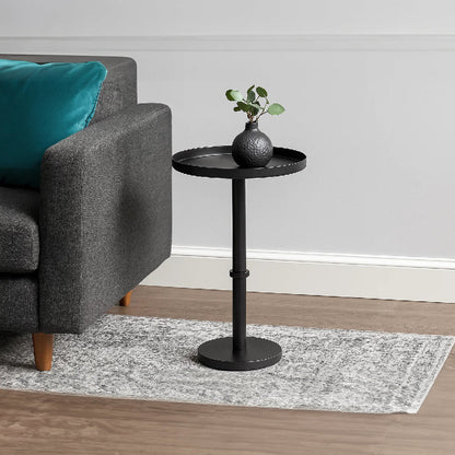 Ara 22 Inch Side End Table, Vintage Sleek Pillar Base, Round Tray Top, Matte Black