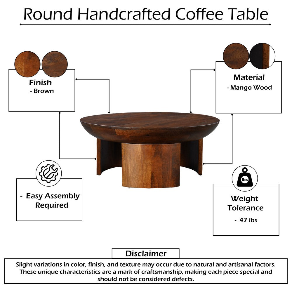 35 Inch Coffee Table, Handcrafted Round Mango Wood Top, Modern Curved Tripod Legs, Walnut Brown
