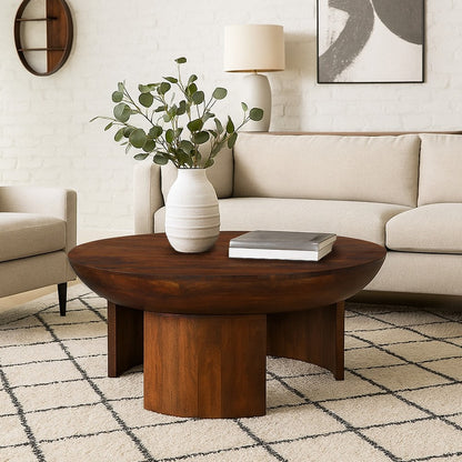 35 Inch Coffee Table, Handcrafted Round Mango Wood Top, Modern Curved Tripod Legs, Walnut Brown
